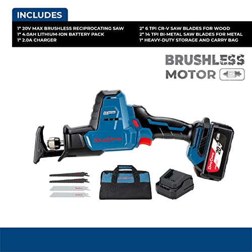 DongCheng 20V MAX Kabelloses, Bürstenloses, Kompaktes Einhand-Reciprosäge-Kit mit 4 Stück Klingen für Holz & Metall, 4,0Ah Lithium-Ionen-Akku und Ladegerät & Tragetasche, Modell# DCJF22