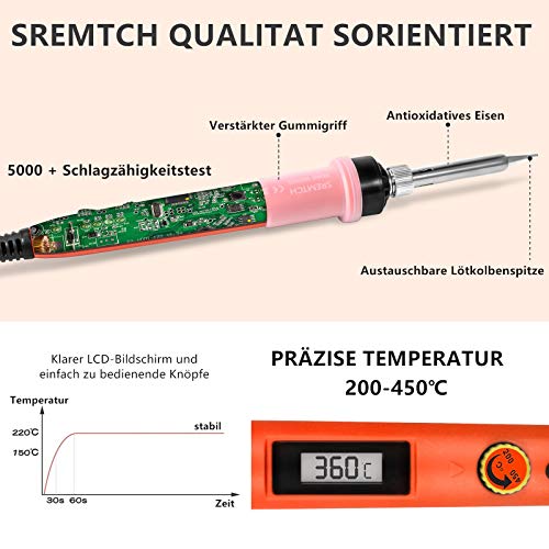 Lötkolben Set, SREMTCH 80W Lötkolben mit LCD Bildschirm(200 ° C - 450 ° C) 20in1 Lötset mit EIN/AUS-Schalter und Einstellbarer Temperaturknopf, Pro Schnell erhitzendes keramisches Thermostat Design – Bild 6