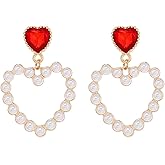 WCRAZYE Pearl Heart Earrings for Women Girls Dainty Handmade Gold Pearl Red Diamond Love Heart Shape Dangling Drop Tassel Earrings Gift Valentine's Day Christmas