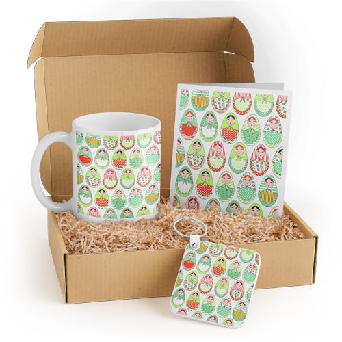 3dRose Matryoshka Doll Gift Set – Includes Mug, Keychain, and Card – Colorful Nesting Dolls – Perfect for Birthdays and Russian Culture Enthusiasts