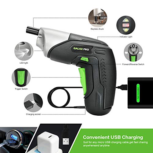 GALAX PRO Akkuschrauber, 3,6 V, 1/4 Zoll, wiederaufladbar, LED-Licht, mit 10 Schraubbits und USB-Kabel – Bild 4