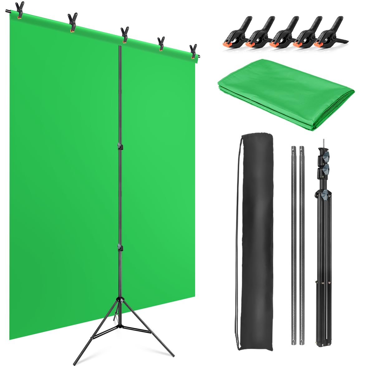 JEBUTU Green Screen Background with Stand 1.5x2m (5x6.5ft), 1.5x2m Green Screen Photography Backdrop Kit with 5 Clamps for Chroma Key, Gaming, Photo Studio, Live Streaming