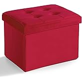 LINMAGCO Storage Ottoman Folding Foot Stool Velvet Foot Rest with Padded Modern Ottoman with Storage for Living Room Puppy Step Stool 17x13x13in(Neon Red)