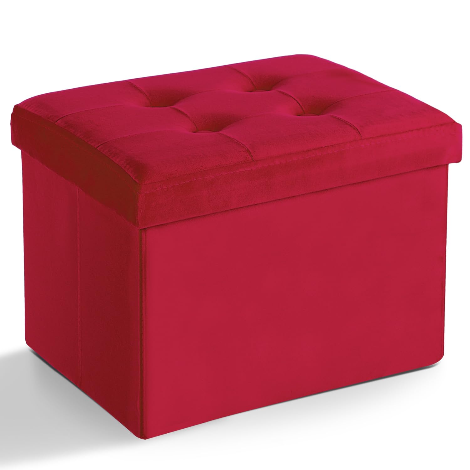 Photo 1 of LINMAGCO Storage Ottoman Folding Foot Stool Velvet Foot Rest with Padded Modern Ottoman with Storage for Living Room Puppy Step Stool 17x13x13in(Neon Red)
