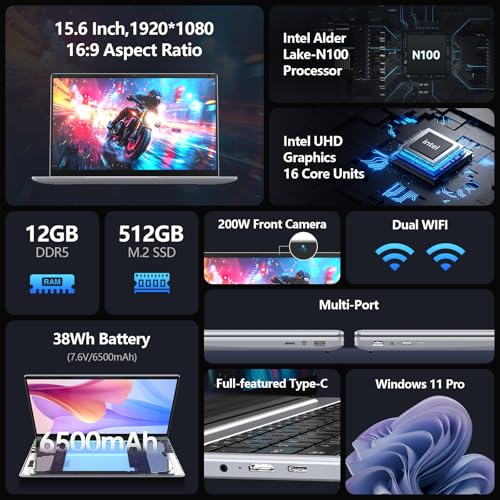 Gezoon 15.6 inch Laptop, 12th Alder Lake N100(Turbo 3.4GHz) Processor,12GB RAM, 512GB SSD, 2K FHD IPS Laptops, 2.4G/5G WiFi, Webcam,Full-Featured Type-C,Ultra-Thin Notebook