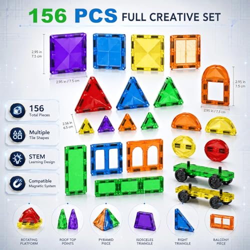 156PCS Magnetic Tiles STEM Building Toys Set with 2 Cars, Sensory Stacking Magnetic Blocks for Toddlers & Kids, Ideal for Preschool Montessori Toys Christmas Birthday Gifts for Boys & Girls Ages 3+