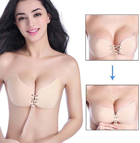 Women's Adhesive Bra, Hisionlee Push Up Strapless Bra with Drawstring Reusable Invisible Silicone (D, Beige)