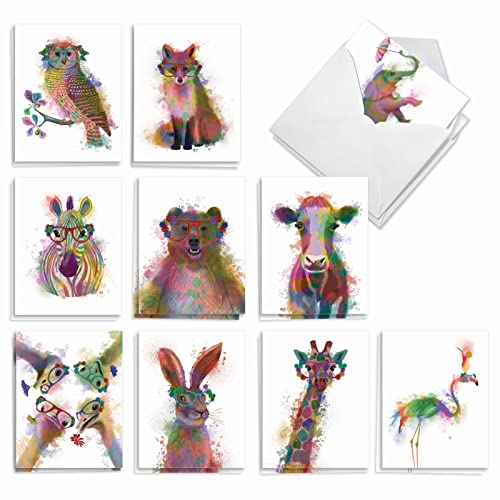 The Best Card Company - 20 Assorted Watercolor Animal Blank Notecards Box Set 4 x 5 In with Envelopes (10 Designs) Kids Camp Note Cards Stationery Set, Funky Rainbow Wildlife AM4948OCB-B2x10