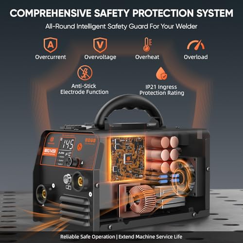 H HZXVOGEN 145A MIG Welder, 240V Gasless MIG Welder Welding Machine, 3-in-1 Flux Core MIG/ARC/Lift TIG, Synergic Control, IGBT Inverter, LED Display, MIG145II
