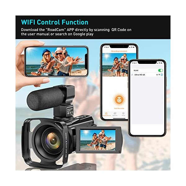 Aabeloy 4K Videokamera Camcorder UHD 48MP Wi-Fi IR Nachtsicht 16X Digital Zoom Recorder 3,0" IPS Touchscreen Vlog Kamera für YouTube mit Mikrofon Handstabilisator Gegenlichtblende, 2 Batterien – Bild 4