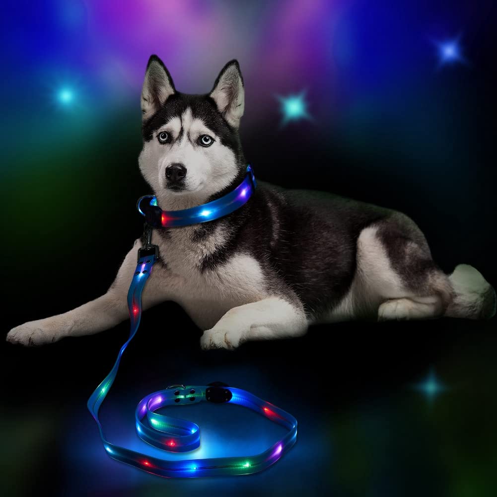 XhuangTech Light Up Dog Collar and Leash Set Rechargeable Waterproof, LED Dog Silicone Collar Glow in the Dark, Night Safety Flashing Light Collar and Leash for Small/Medium/Large Dogs (Blue)