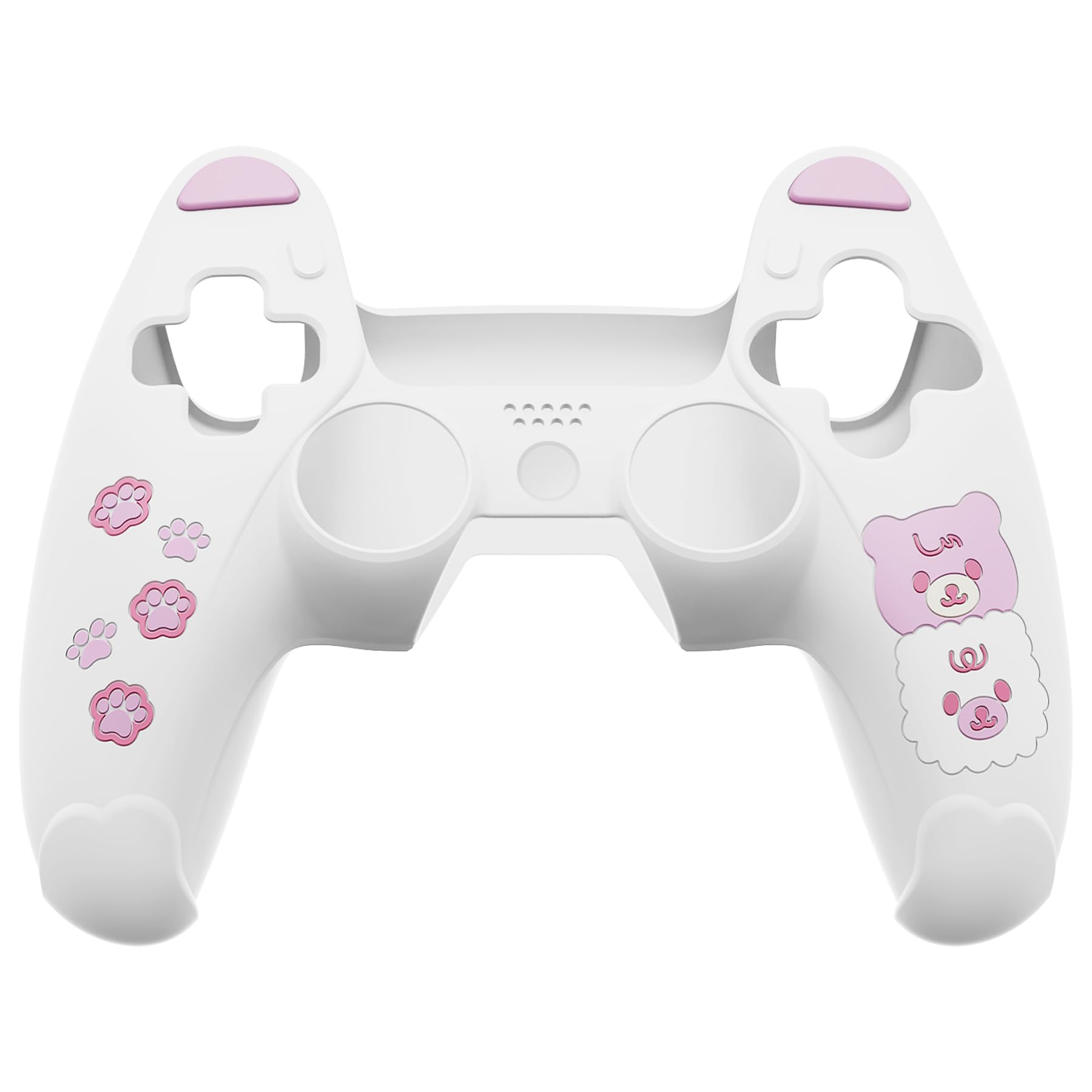 PlayVital Cute Bear Controller Silicone Case for ps5, Kawaii Controller Cover Compatible with Charging Station, Gamepad Skin Protector for ps5 with Touch Pad Sticker & Thumb Grips - White & Pink
