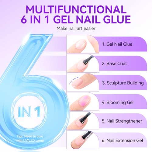 Gelike ec 6 in 1 UV Glue for False Nails - Extra Strong American Nail Glue - Gummy Base - American Nail Glue - 2 x 15 ml