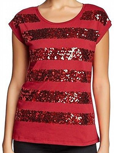 Dantelle Womens Medium Striped Sequined Tee T-Shirt Red M