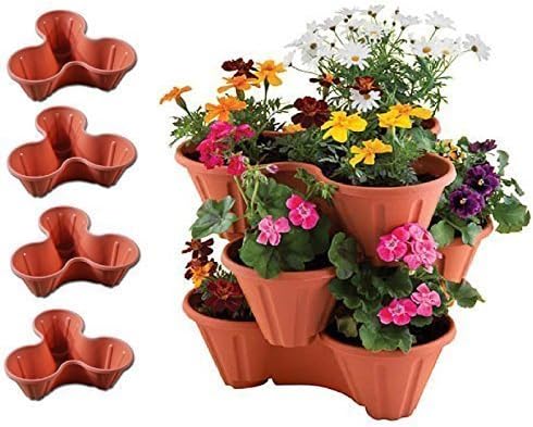 New Set Of 4 Stackable Terracotta Plastic Garden Patio Balcony Trio Plant Pot Strawberry Herb Flower Holder Bedding Planter Tub