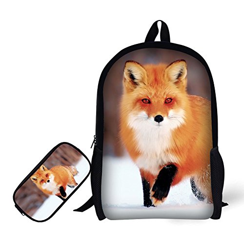 School Backpack with Pencil Bag,3D Fox Pattern for Age 6-15 Kids boys girls