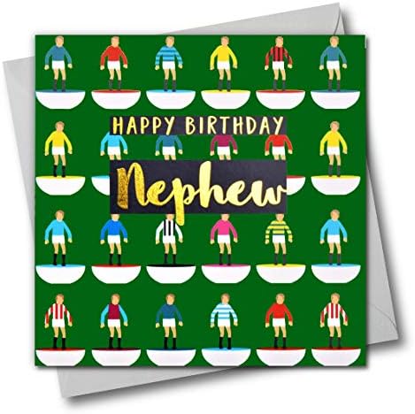 Claire Giles Greeting Cards, Happy Birthday Nephew Card, Footballers Design Birthday Greeting Card, Text Foiled in Shiny Gold