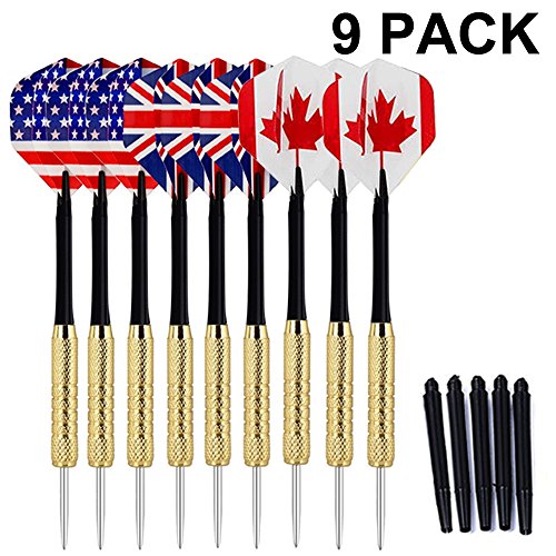Comsun Darts, 9 Pack Steel Tip Darts with National Flag Flights (3 Styles), 18 Grams Stainless Steel Needle Brass Barrels with 5 Extra Free PVC Dart Rods for Any Dartboard