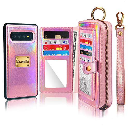 Darolin Case for Samsung Galaxy S10 Plus Leather Wallet Case [Magnetic Detachable] Zipper Case with [Mirror][14 Card Slot][Cash Purse][Coin Pocket] Clutches Evening Bag for Women Girls Men-Rosegold - Thumbnail 7