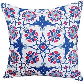 Misspon Turkish Ceramic Tile Design Pillow Case Collection - Iznık Tile Pattern Pillow Case - Woven Cotton Fabric - Red Blue Pillow White Pillow Cover 16.5"x16.5" inches 42x42cm