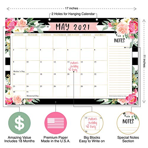 Black Floral 20212022 Desk Calendar, Large Monthly Wall Planner, 18