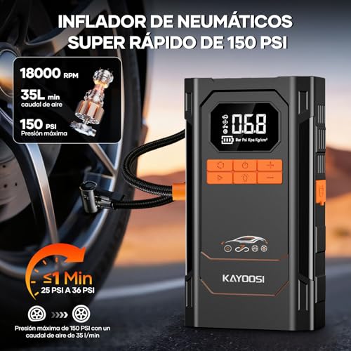 Kayoosi Arrancador de Batería de Auto Portátil 4000A, Compresor de Aire 150 PSI, 29800mAh, 10 en 1 Jumper para Carro 12V para 10L Diésel, para Autos, Motos, SUV, con Luz LED 600LM