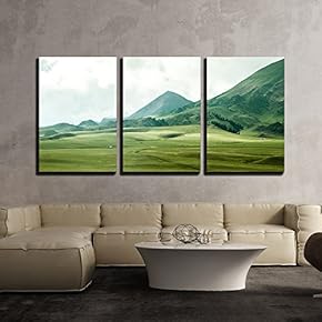 3 Piece Canvas Wall Art - Landscape with Mountain and Grass - Modern Home Art Stretched and Framed Ready to Hang - 16"x24"x3 Panels