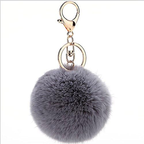 Grey Rex Rabbit Fur Ball Pom Pom Keychain for Car Phone Womens Handbag Bag Plush Pendant