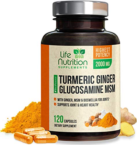 Turmeric Curcumin with Ginger, Glucosamine & MSM 2000mg 95% Curcuminoids, Bioperine for Best Absorption, Best Joint Pain Relief, Made in USA, Turmeric Pills by Life Nutrition - 120 Capsules