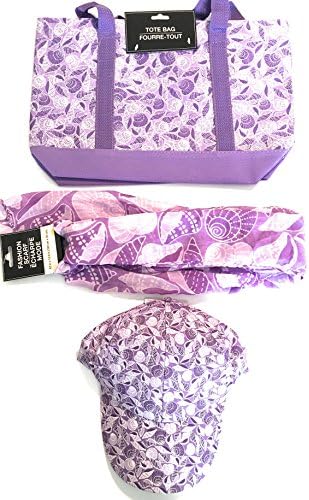 Purple Seashell Tote Bag Neck Scarf Cap Hat Beach 3-piece set