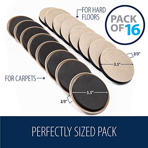 MIGHTY MONKEY Premium Furniture Sliders, 16 Pack, for Carpeted and Hard Floor Surfaces, Felt Furniture Coaster Pads, Gripper Sliders Protect Floors, Durable Foam Pad to Easily Move Couches, Sofa, Bed