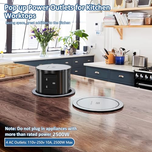 LBOYLOVE® Pop-up Power Socket, Hidden Recessed Power Socket with 15W Wireless Charging, 4 UK Plug Sockets, 1 USB Charger Port & 1 Type-C Charger Port, for Home, Office, Kitchen, Worktops, Desktop