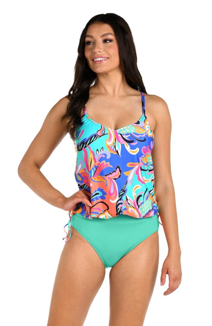 24th & Ocean Women’s Standard Underwire V-Neck Blouson Tankini Swimsuit Top, Multi//Prima Paisley
