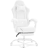 Morkprism White Gaming Chair,Computer Office Chair with Footrest,Massage Lumbar Support and Gel Pad,Ergonomic Reclining Adjustable Leather Gamer Chair with Headrest and Spring Cushion White