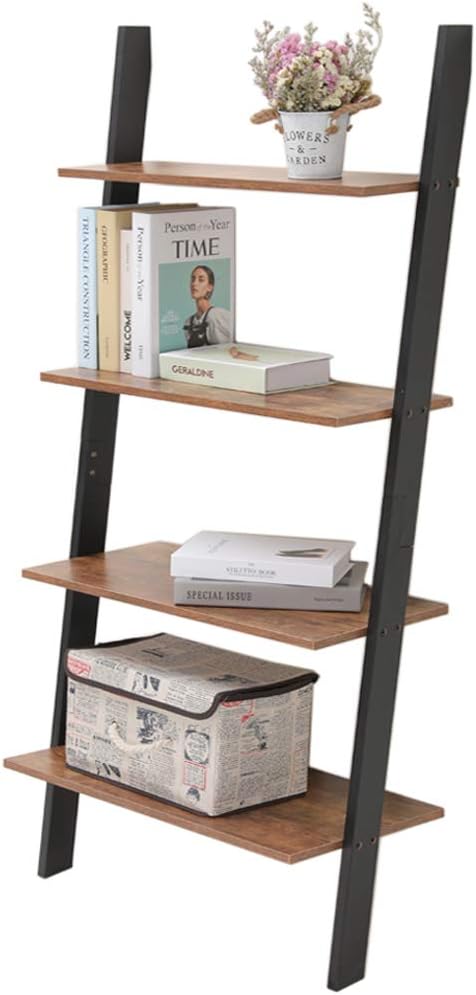 Amazon Com Iwell Ladder Shelf 4 Tier Rustic Leaning Bookshelf Wood Look Storage Rack Against The Wall Shelves For Bathroom Kitchen Bedroom Office Rustic Brown Sjx001x Kitchen Dining