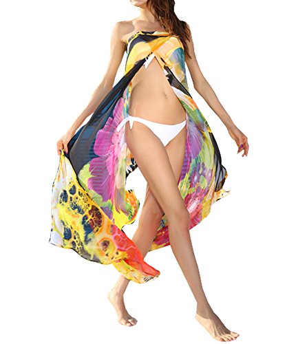 Womens Sexy Floral Pattern Chiffon Wrap Dress Beach Bikini Swimwear Cover-up (Yellow)