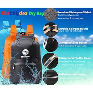 Etechydra Dry Bag 20L Rucksack Wasserdicht Taschen, Ultralight Wasserdichter Packsack Sack Beutel Outdoor für Boote Strand, Kajak, Camping, Bootfahren, Schwimmen, Angeln, Wandern, Schwarz. 3 Schnorchelmasken 51kIQRWMzcL. SS300 ★LIGHTWIGHT DURABLE NYLON RUCKSACK - Unsere Dry Bag Wasserdichter Packsack besteht aus Nano-Dacron-Material, ist extrem langlebig, ungiftig und geruchlos. Im Vergleich zur traditionellen Strand Wasserdichte Taschen ist unsere Faltgröße nur die Hälfte davon, leicht, faltbar und tragbar. Die Integration von Aufbewahrungstasche und wasserdichtem dry bag ultralight Rucksack erhöht die Kapazität und die bequeme Aufbewahrung.
★AUSGEZEICHNETER WASSERDICHTER TROCKENSACK- Der wasserdichte und reißfeste Etechydra Wassertasche Packsack 10L /20L bietet einen hohen Schutz für wichtige Gegenstände wie Smartphones, Kameras, Dokumente, Kleidung usw. Die neuesten wasserdichten PVC-Streifen sorgen für Wasserdichtigkeit Dichtung. Kajakfahren Wasserdichte Taschen Beutel Es ist sehr sicher im Wassersport zu verwenden.
★WET DRY SEPARATION VERSATILE DRY BAG - Wasserdichte taschen outdoor Dank des Designs für Nass-Trocken-Trennung und Seitentaschen können Sie nasse Kleidung hineinlegen, Halten Sie alles trocken zum Schwimmen, Bootfahren, Kajakfahren aber auch für Outdoor-Aktivitäten wie Camping, Wandern. Der reflektierende Streifen der Reißverschlusstasche kann Ihre Sicherheit im Dunkeln schützen. Die Seitentaschen eignen sich hervorragend für Wasserflaschen und Regenschirme.