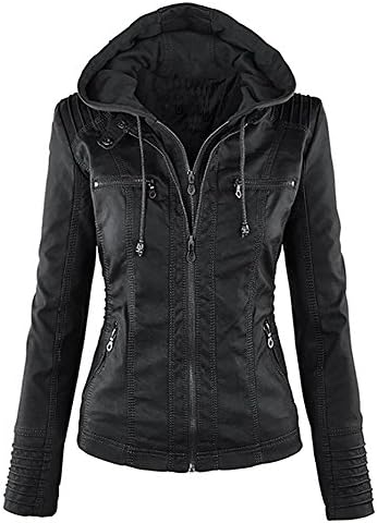 Women's Faux Leather Jacket Removable Hoooded Leather Jackets