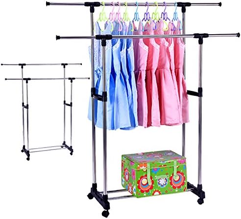 KARMAS PRODUCTS Portable Double Rods Clothes Rack Adjustable Garment Rack -with Wheels Tiers Storage Shelves