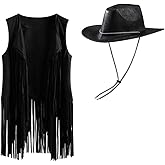 SIQITECHNO Women Western Cowgirl Outfits 70s Hippie Faux Suede Tassels Fringe Vest with Cowboy Hat for Women for Theme Party