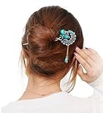Blue Vintage Retro Style Butterfly Beaded Antique Brass Hair Stick Pin Clip w/ Tassel for Long Hair Ponytail