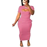 Women's Short Sleeve Dress T Shirt Bodycon Dresses Cut Out Ribbed V Neck Maxi Sundress Party Club Dress with Pocket-Pink-M