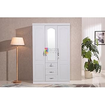 Quidin New White Silver 3 Door Modern Wardrobe 3 Drawers 1 Mirror