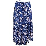 Mogul Interior Women's Peasant Skirt Full Flared Maxi Blue Floral Printed Hippie Boho M/L