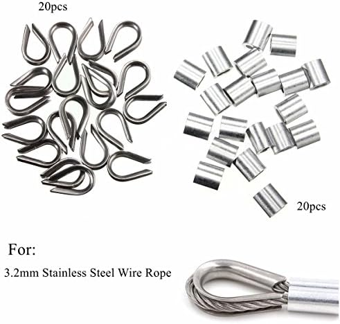 20 Pack Stainless Steel 3mm Standard Thimbles Ferrules for 1/8" Wire Rope Cable