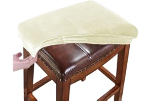 RHYII Stool Covers Rectangular Velvet Set of 2, Vanity Stool Covers Stretch Washable Saddle Bar Stool Slipcover Bench Seat Protector with Elastic Bands Beige