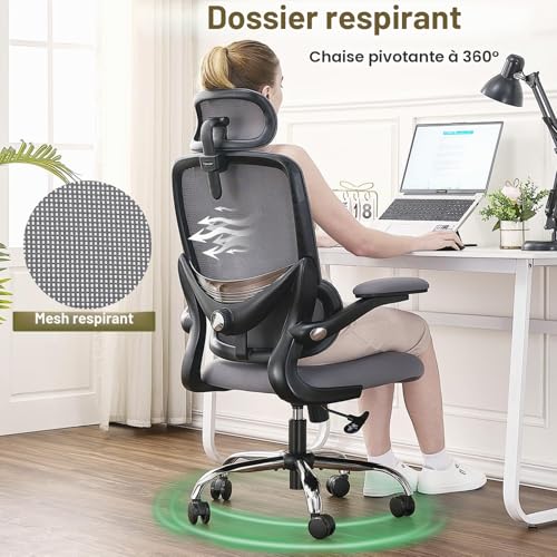 TONFARY Ergonomic Office Chair, High Back Mesh Office Chair, Adjustable Lumbar Support, Folding Armrest, Removable Headrest, Gaming Chair for Computer Swivel 150kg