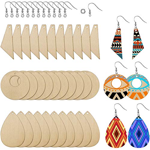 Dojimayisc 60 Unpolished Wooden Earrings Pendant Blank Teardrop and Conical Cut Pendant for DIY Handmade Jewellery Making