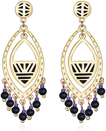 Beaded Earrings Handmade Tassels Tear Drop Dangle Copper Earrings for Women Girl (Gold Black)
