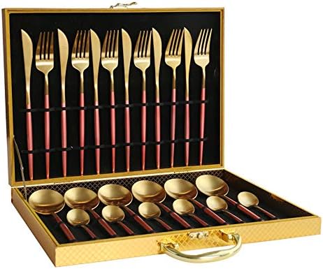 Flatware Set 24-Pieces Stainless Steel Gold Black White Titanium Coral-Red Blue Service for 6 Senior Restaurant Wedding Family Holiday Party Gift Knife/Fork/Spoon Elegant Packaging (Coral-Red)